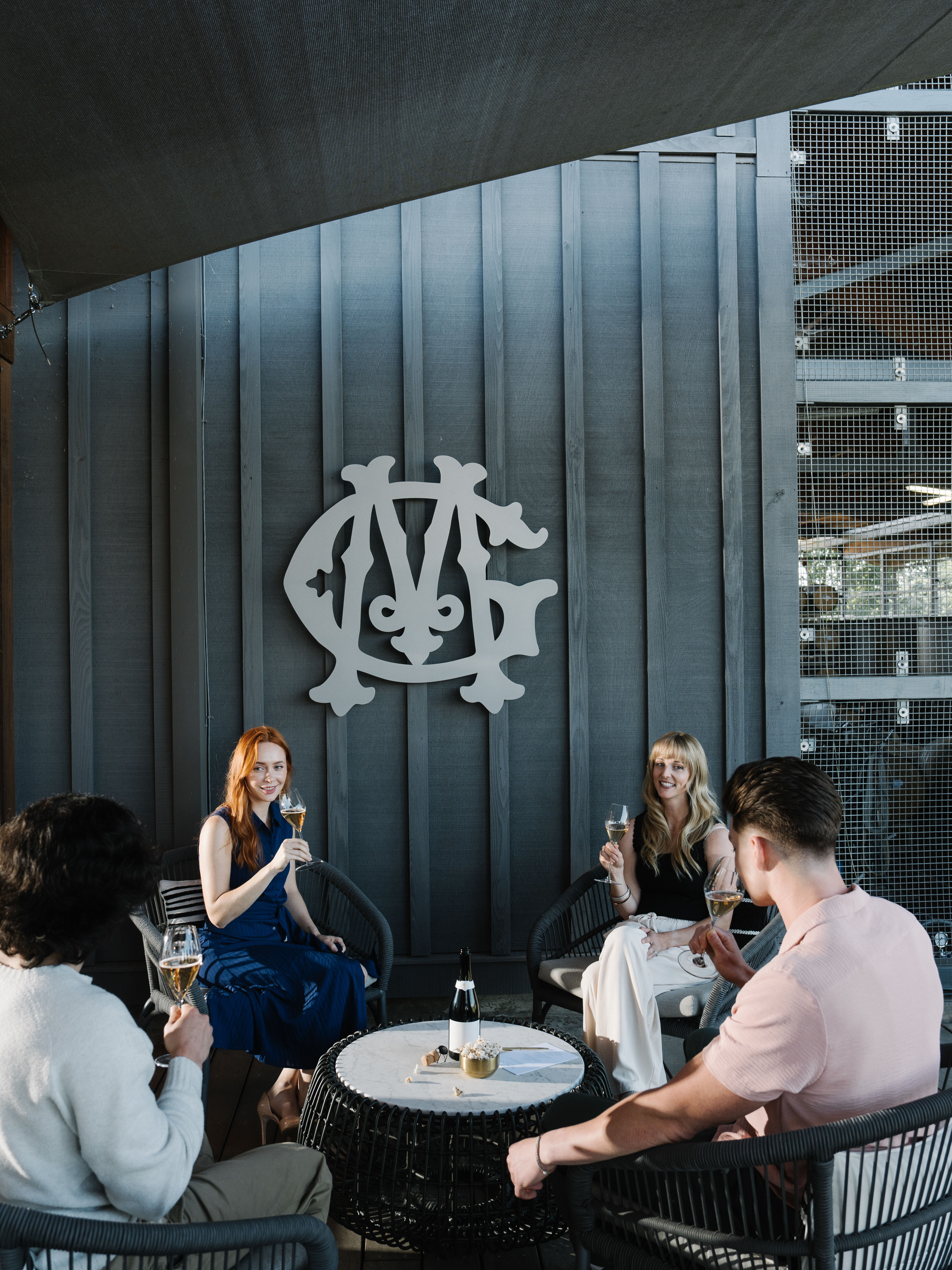 Several people holding up glasses of Rosé around a table