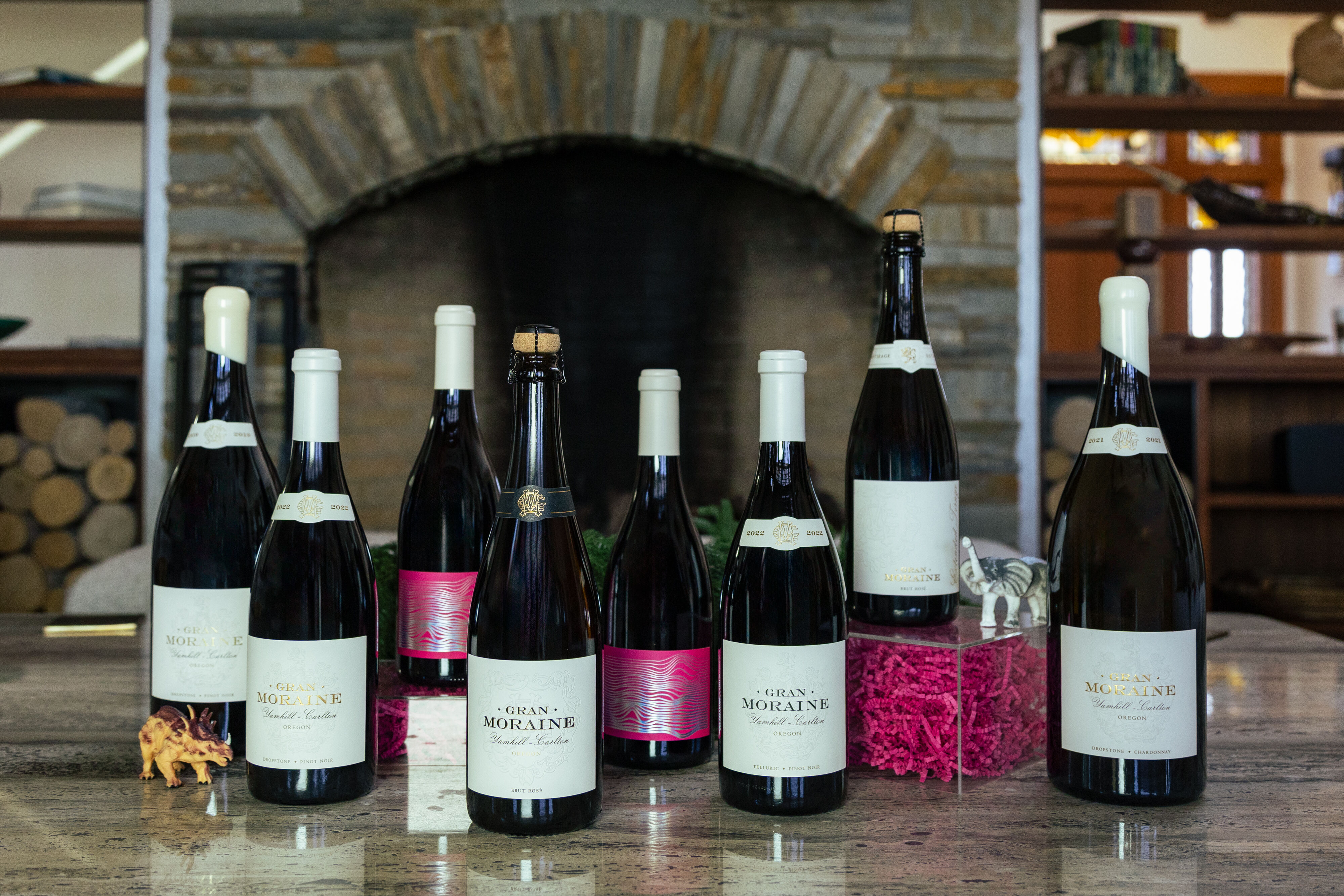 Wine bottles with holiday decor